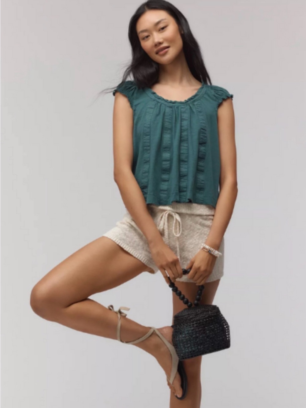 Anthropologie Teal Ruffled Cap-Sleeve Tank Top